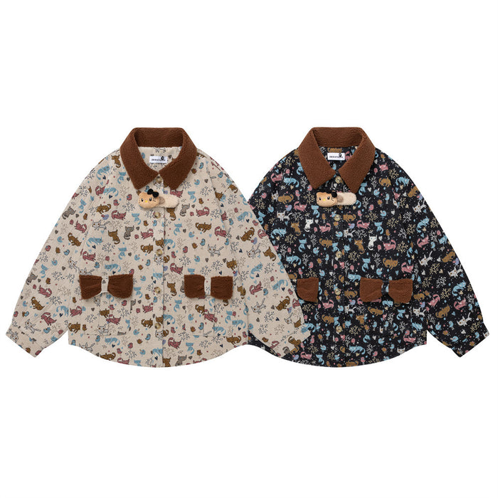 Two front views of the cat-print jacket in beige and black, each with a brown fleece collar and bear clasp