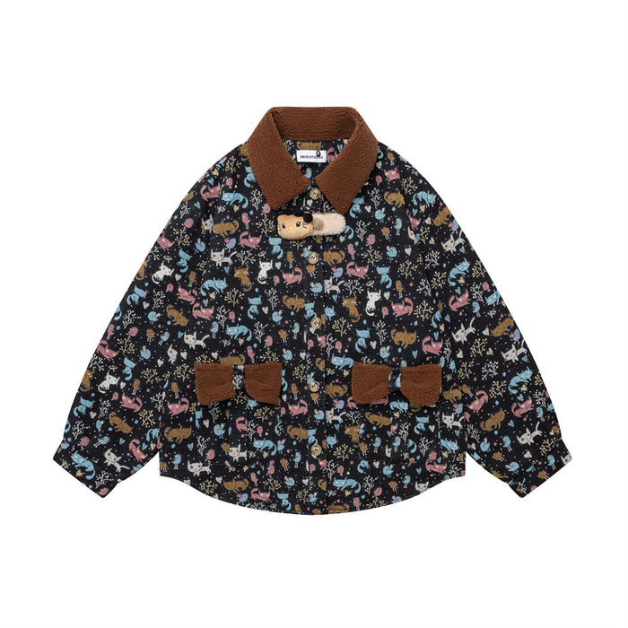 Allover cartoon cat print jacket with brown fleece collar and 3D bear toggle clasp in black colorway, front view