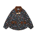 Allover cartoon cat print jacket with brown fleece collar and 3D bear toggle clasp in black colorway, front view