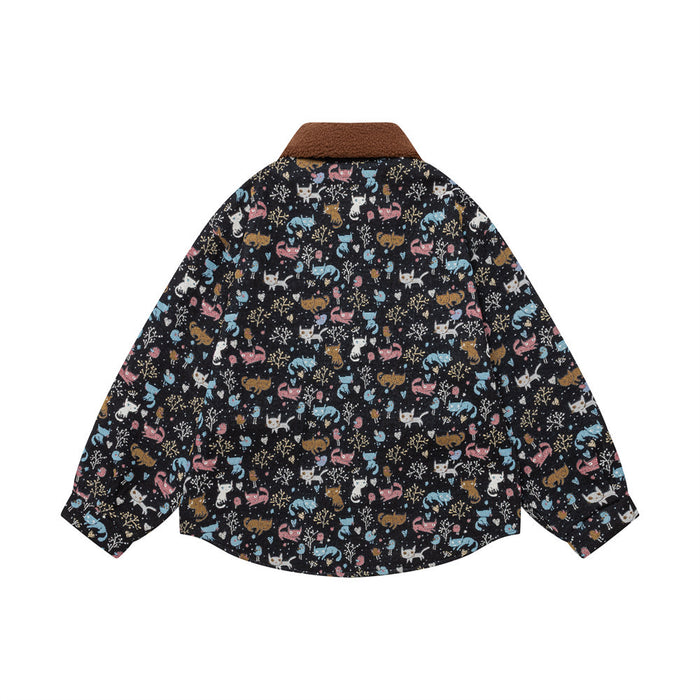 Back view of the black jacket covered in a colorful allover cat and doodle print with a brown fleece collar