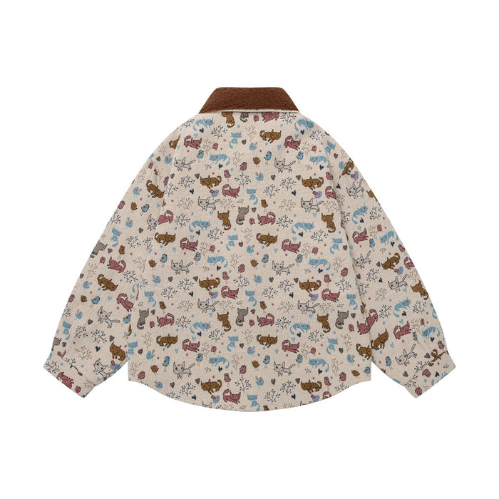 Back view of the beige jacket featuring a colorful allover cat and doodle print with a brown fleece collar