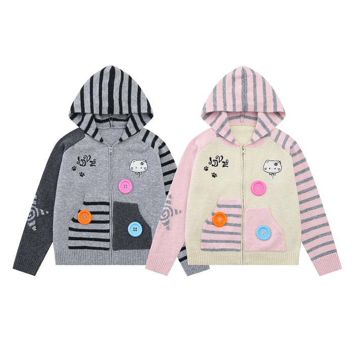 Two knit zip-up hoodies in gray and cream-pink colorways with striped hoods, cat graphics, patch pockets, and bright buttons