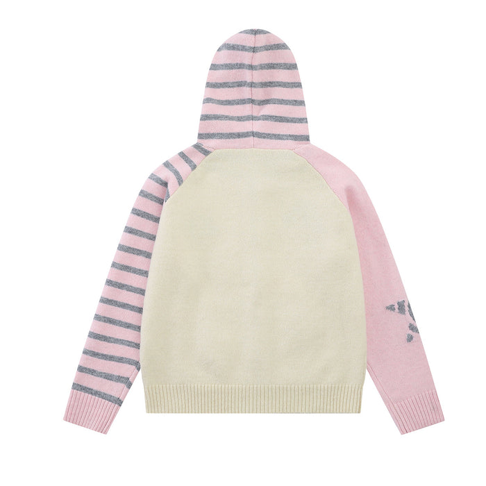 Back view of the cream and pink knit hoodie showing a plain cream body, striped hood and sleeves, and ribbed hem