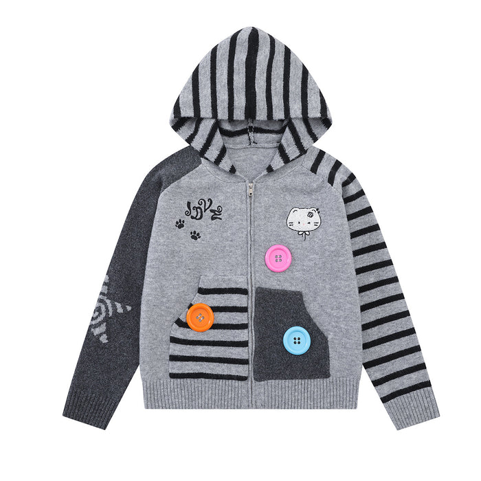 Front view of the gray knit zip-up hoodie with black-striped hood and sleeve, cat graphic, patch pockets, and colorful buttons