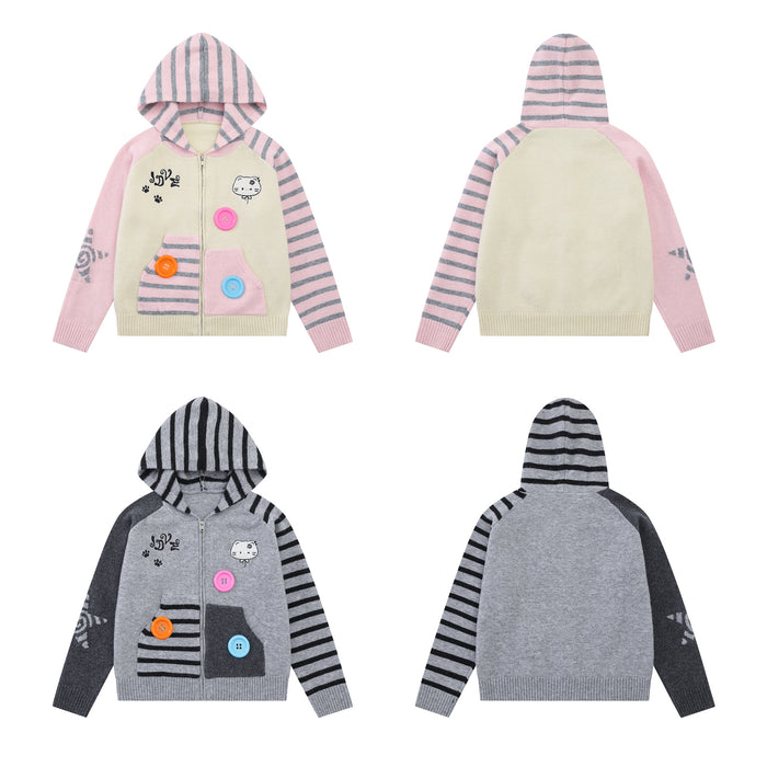 Four-view layout showing the cream-pink and gray hoodies from front and back, including striped panels and colorful buttons