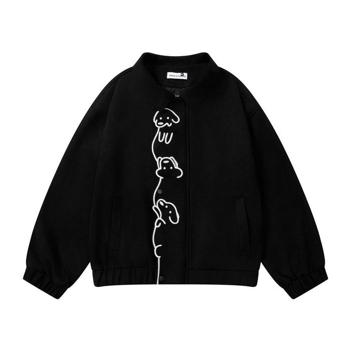 Oversized cartoon dog embroidery snap-button varsity bomber jacket in black, front view