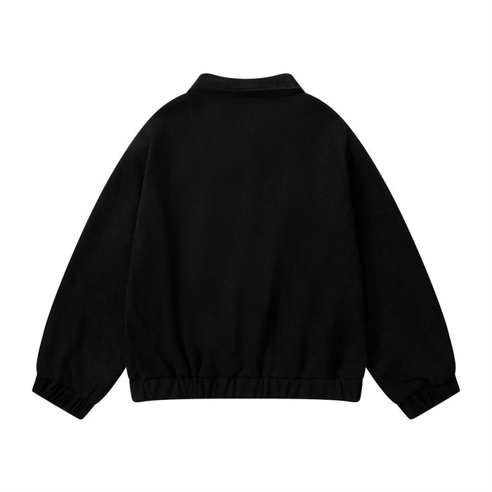 Black varsity jacket shown from the back with a plain design, ribbed hem, and gathered cuffs