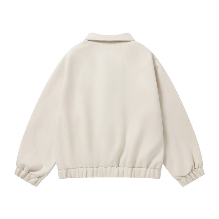 Cream varsity jacket shown from the back with a plain panel, pointed collar, ribbed hem, and gathered cuffs