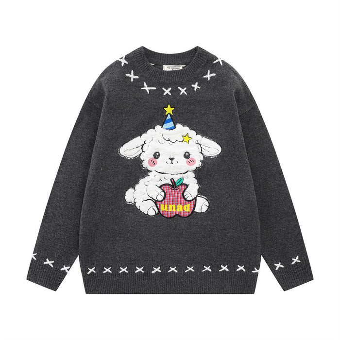 Oversized crew neck pullover sweater with cartoon sheep embroidery and white cross-stitch trim in charcoal grey