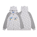 Gray cat-ear zip-up hoodie shown in front and back views with white stars, striped raglan sleeves, and embroidered front graphics