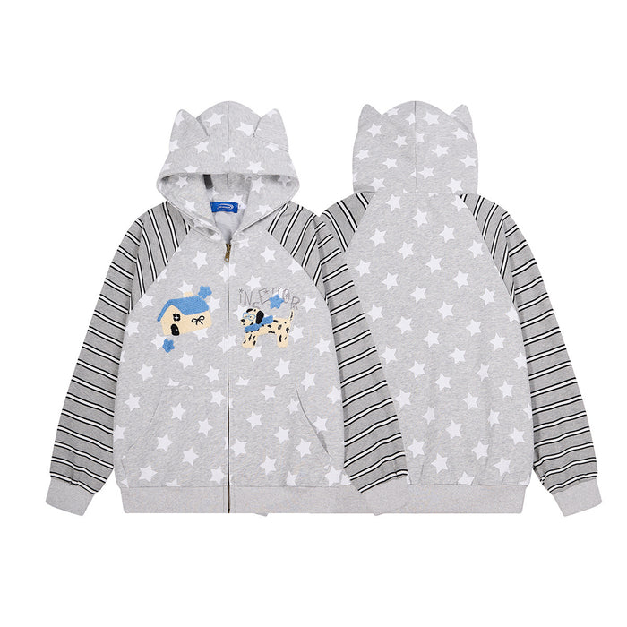 Gray cat-ear zip-up hoodie shown in front and back views with white stars, striped raglan sleeves, and embroidered front graphics