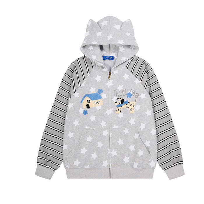 Grey star-print zip-up hoodie with cat ear hood, black-and-grey striped raglan sleeves, and chenille embroidered dog and hous