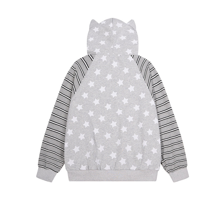 Back view of a gray cat-ear hoodie with white star print, striped raglan sleeves, ribbed cuffs, and hem