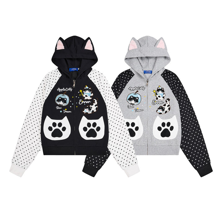 Two cat-ear zip-up hoodies shown from the front in black and gray, with star-print sleeves and paw pockets