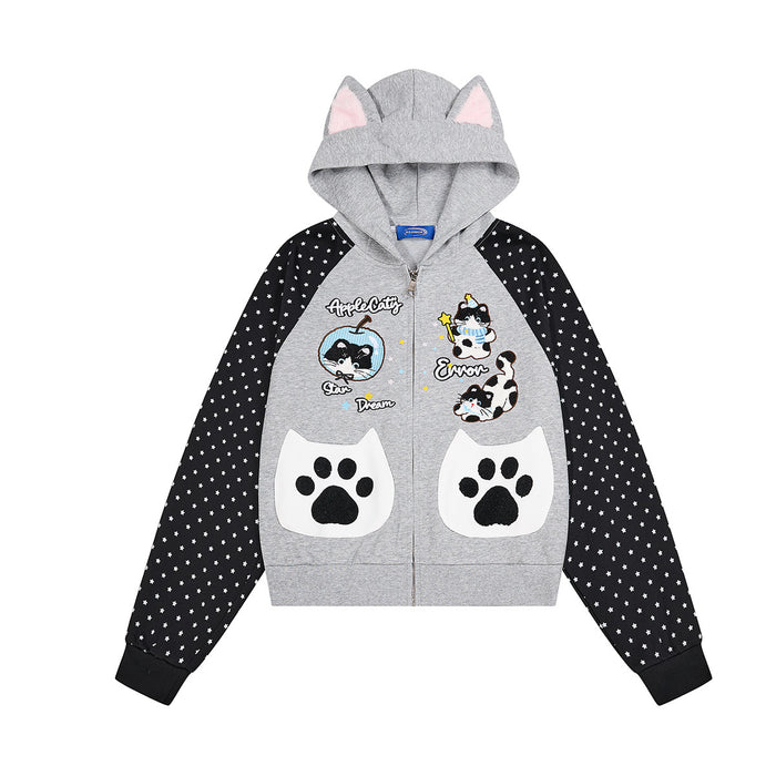 Cat ear zip-up hoodie in heather gray with black star-print raglan sleeves and cat paw front pockets