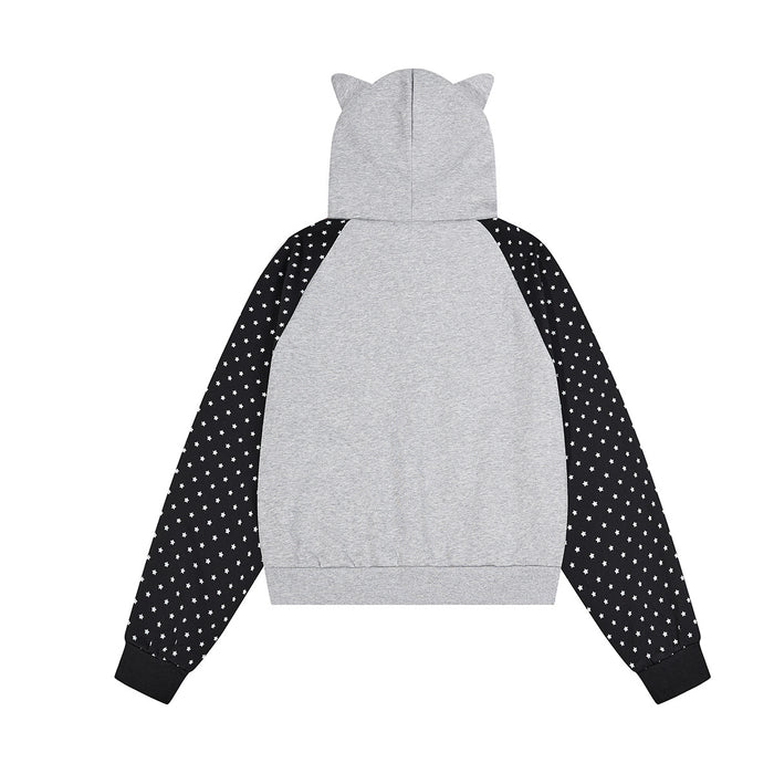 Gray cat-ear hoodie shown from the back with black star-print raglan sleeves and ribbed cuffs
