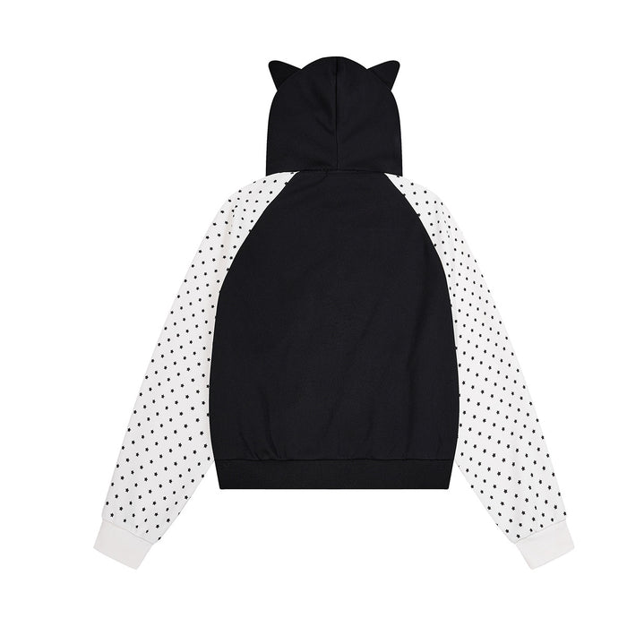 Black hoodie shown from the back with white star-print raglan sleeves, cat-ear hood, and ribbed hem