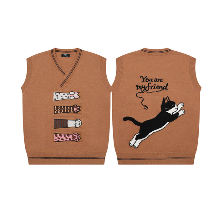 Brown sleeveless V-neck knit sweater vest shown front and back with graphic patches and a leaping black-and-white cat
