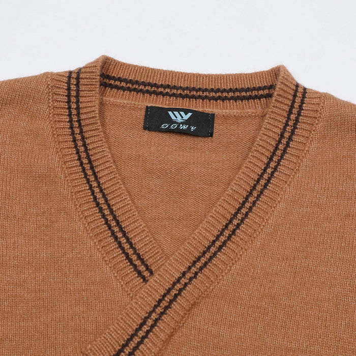 Close-up of the brown vest V-neck showing double dark stripe trim, ribbed edging, and inner label