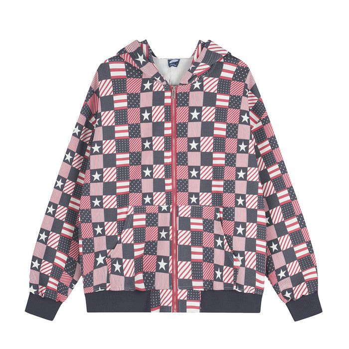 Oversized checkerboard American flag print zip-up hoodie jacket with stars and stripes pattern in navy, red, and white