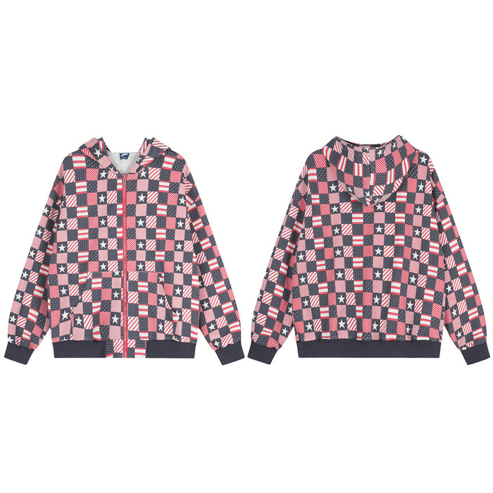 Front and back views of a red, white, and navy checkerboard American flag print zip-up hoodie jacket