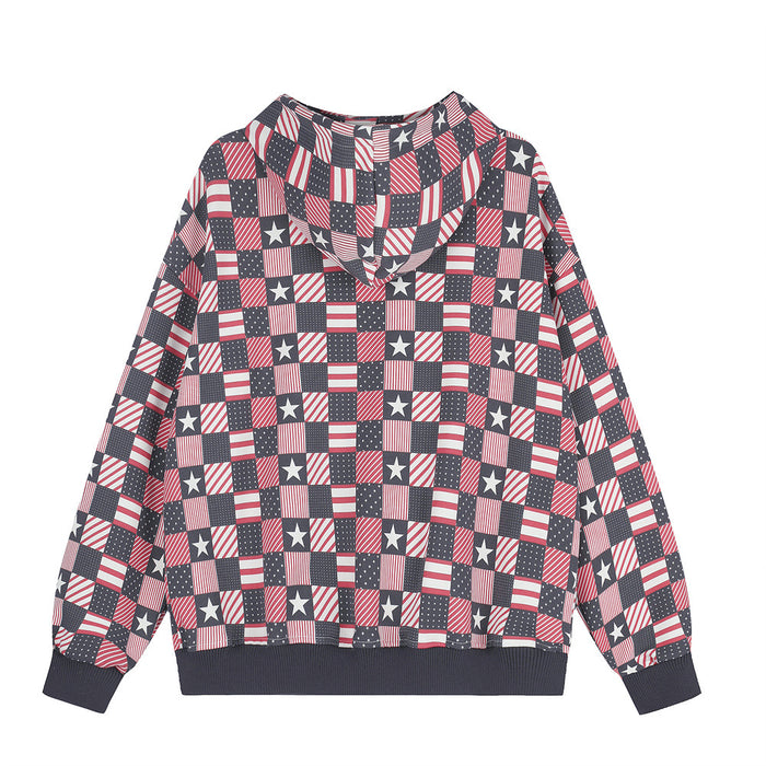 Front view of a checkerboard American flag print hoodie jacket with a full-length zipper and dark ribbed trim