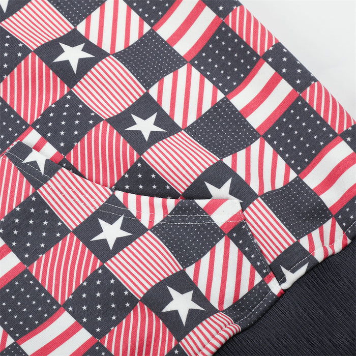 Close-up of the red, white, and navy checkerboard print with stars and striped flag motifs
