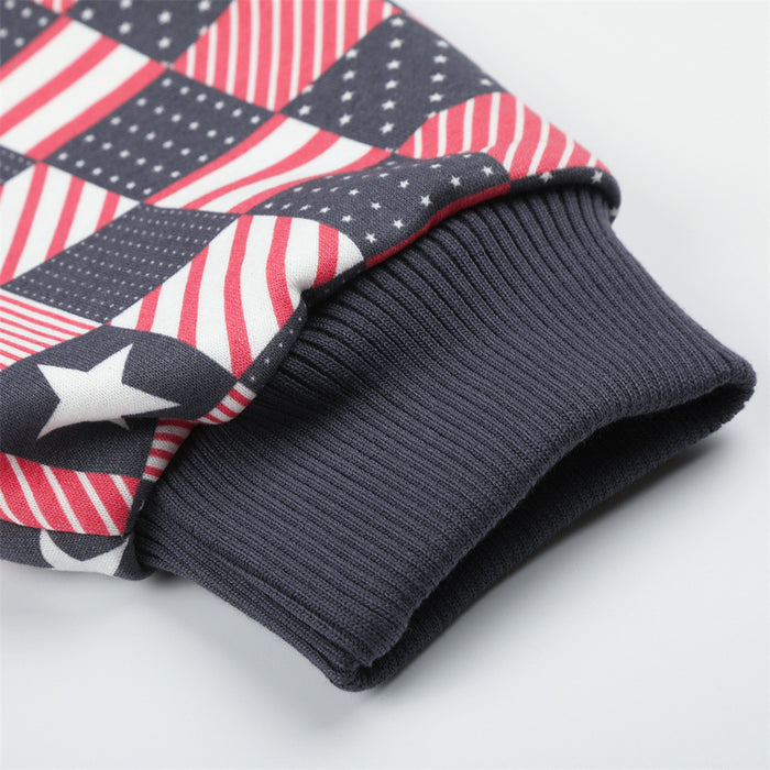Close-up of the dark ribbed sleeve cuff beside the checkerboard American flag print fabric