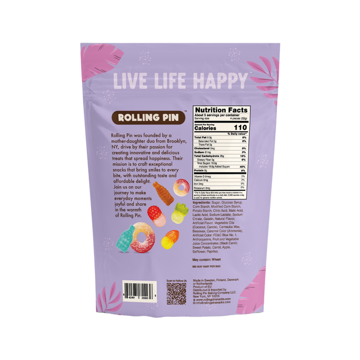 Back of the Chewy and Fizzy Swedish Candy bag with nutrition facts and ingredients