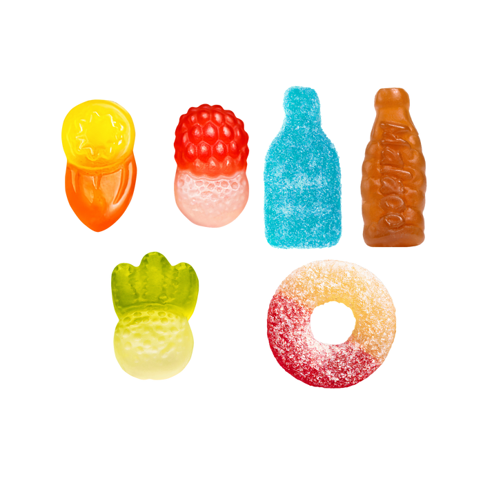 Chewy and fizzy Swedish gummy candies outside the bag