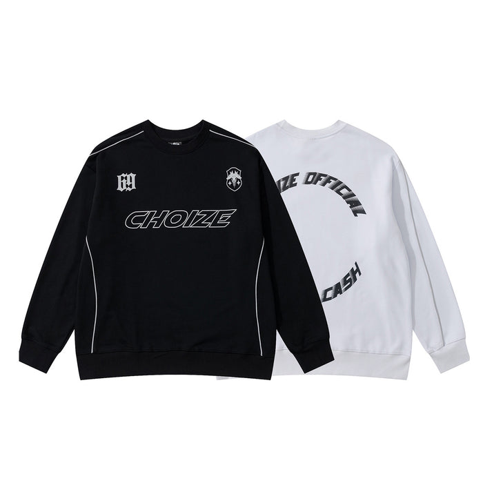 Black and white crewneck sweatshirts shown together, with front graphics and contrasting sleeve piping
