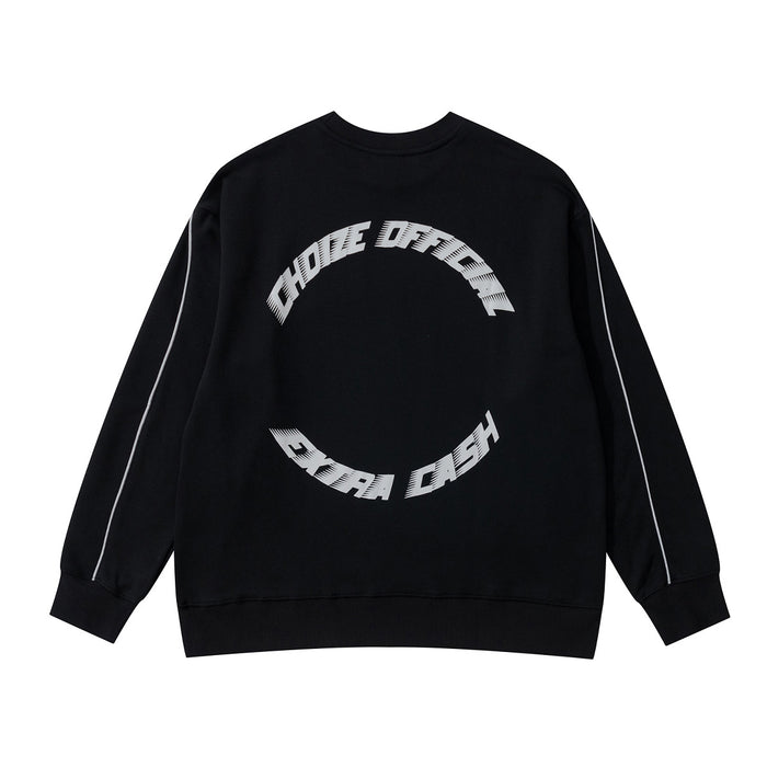 Back view of a black crewneck sweatshirt with circular white Choize Official graphic and sleeve piping