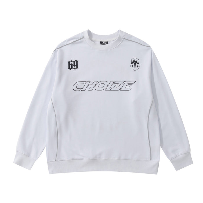 Front view of a white crewneck sweatshirt with outlined Choize chest graphic and small emblems