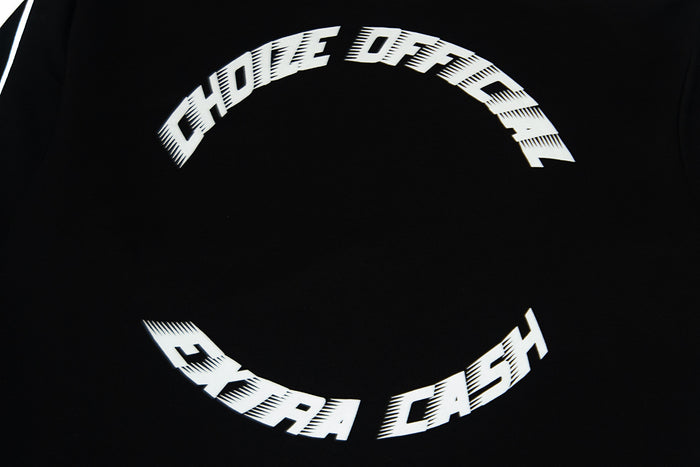 Close-up of black sweatshirt back featuring white Choize Official lettering arranged in a circular graphic