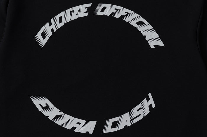 Tight view of the black sweatshirt back graphic with distressed white Choize Official lettering in a circle