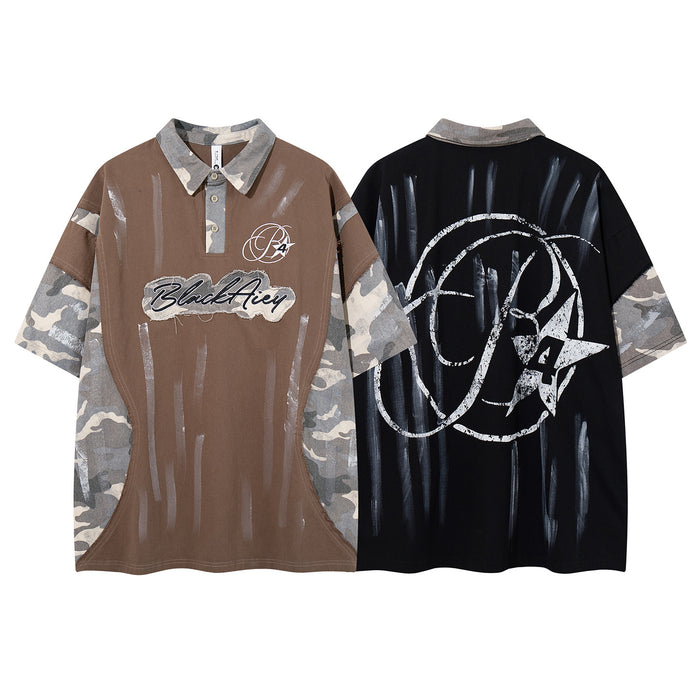 Brown and black short-sleeve polo shirts shown front and back with gray camouflage panels and painted graphics