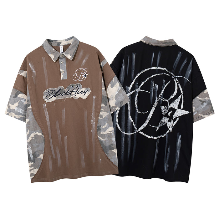 Brown and black polo shirts displayed together, showing the brown front and black graphic back with camouflage sleeves