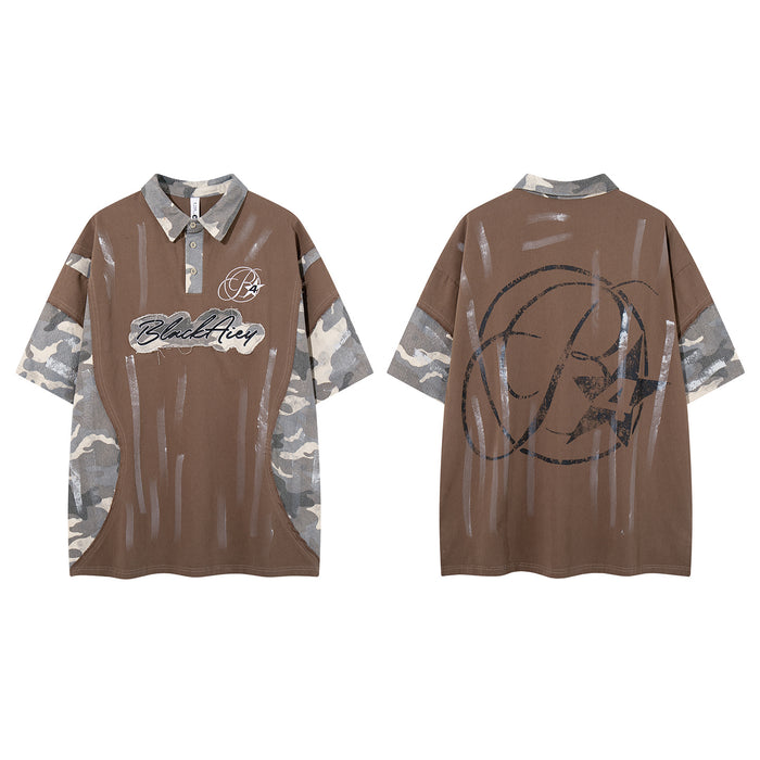 Brown short-sleeve polo shirt shown front and back with camouflage sleeve panels and contrasting chest and back graphics