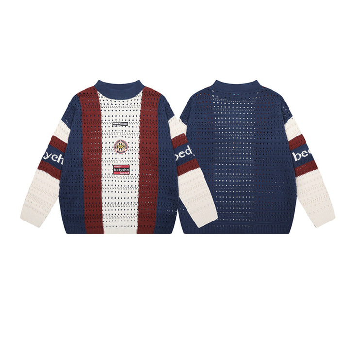 Colorblock open-knit crew neck sweater shown from the front and back in navy, burgundy, and cream