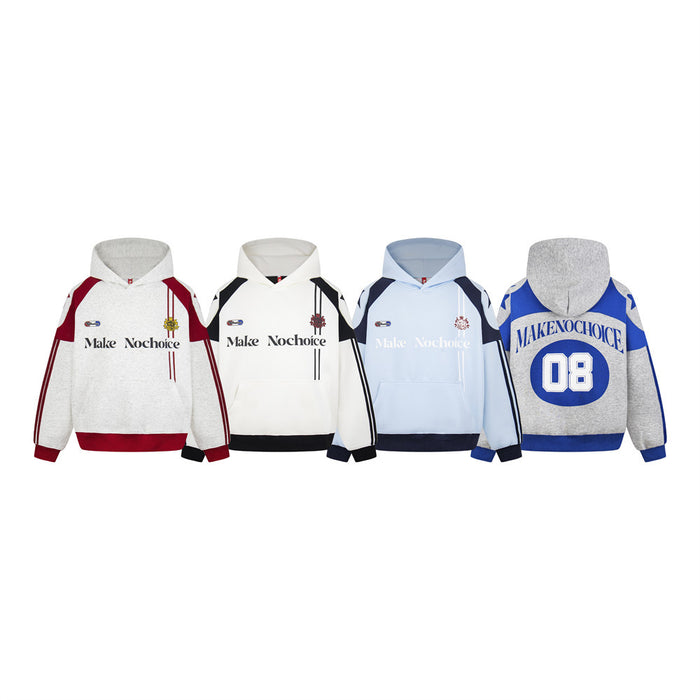 Four colorblock raglan hoodies shown together in red, black, blue, and gray colorways with varsity graphics