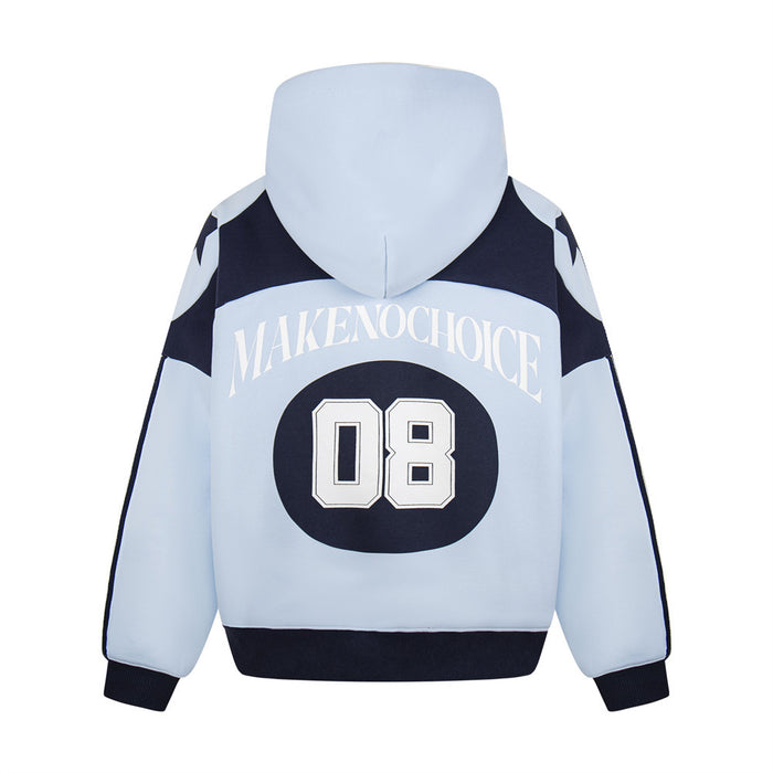 Light blue and navy colorblock hoodie shown from the back with MAKENOCHOICE lettering and varsity number 08