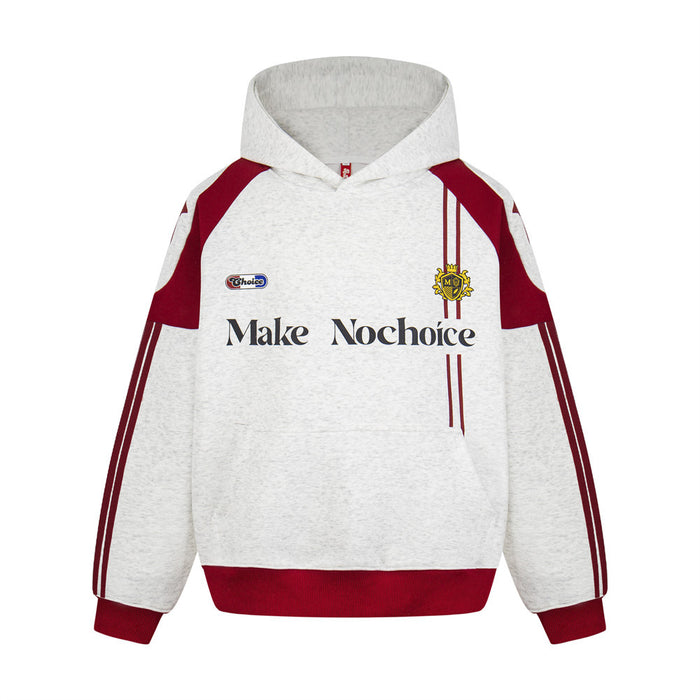 Heather gray hoodie with red raglan panels, sleeve stripes, chest lettering, and front kangaroo pocket