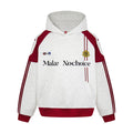 Heather gray hoodie with red raglan panels, sleeve stripes, chest lettering, and front kangaroo pocket