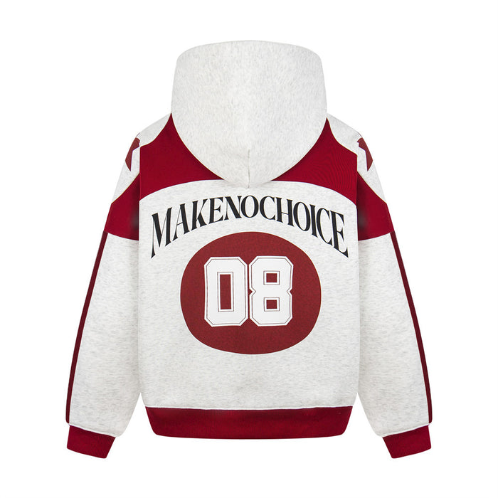 Heather gray and red colorblock hoodie shown from the back with MAKENOCHOICE lettering and number 08
