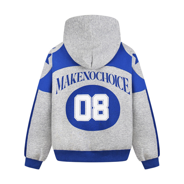 Heather gray and blue hoodie shown from the back with blue MAKENOCHOICE lettering and varsity number 08