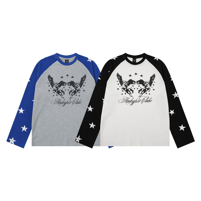Two colorblock raglan long-sleeve tees, one gray and blue and one white and black, with winged horse and star prints