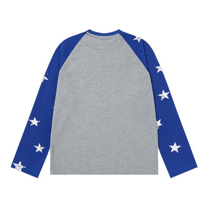 Back view of the gray and blue raglan long-sleeve tee with white star prints on the blue sleeves