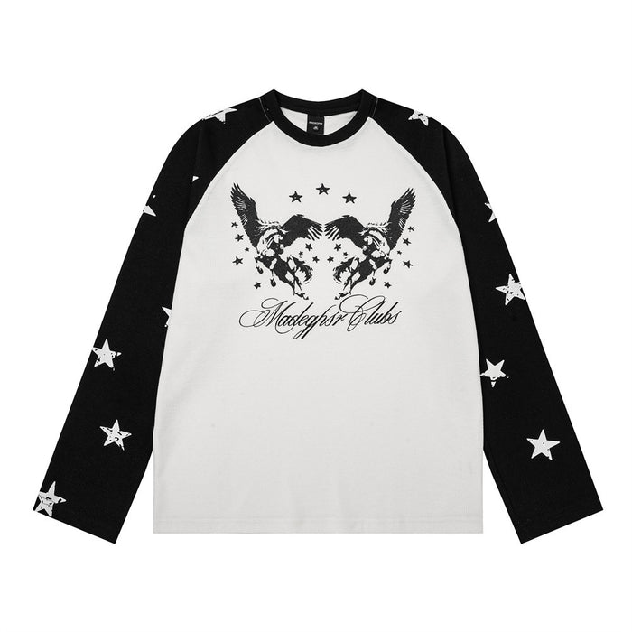 Front view of the white and black raglan tee with a central winged horse, stars, and script graphic