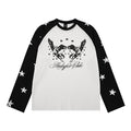 Front view of the white and black raglan tee with a central winged horse, stars, and script graphic