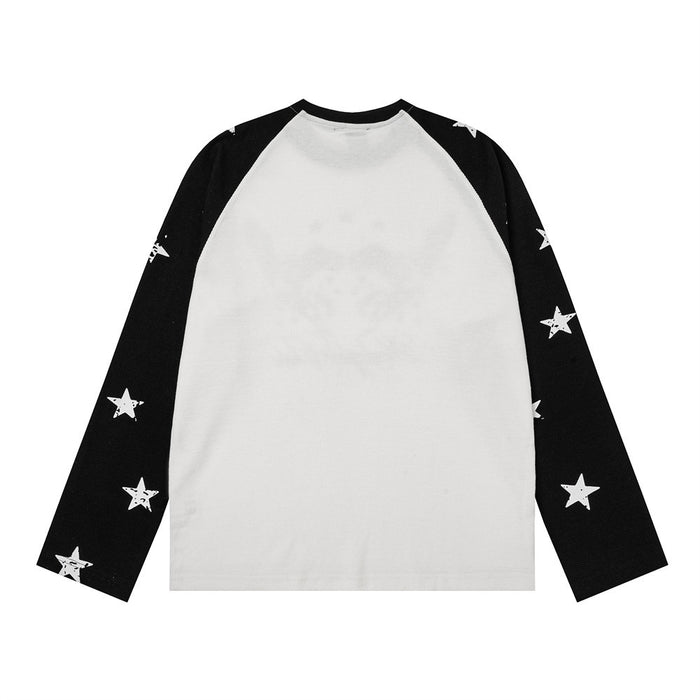 Back view of the white and black raglan long-sleeve tee with white star prints on the black sleeves